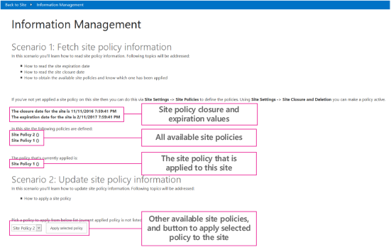 Screenshot der Add-In-Startseite mit hervorgehobenen Werten zum Schließen und Ablauf der Websiterichtlinie, verfügbaren und angewendeten Websiterichtlinien und anderen anzuwendenden Richtlinien.