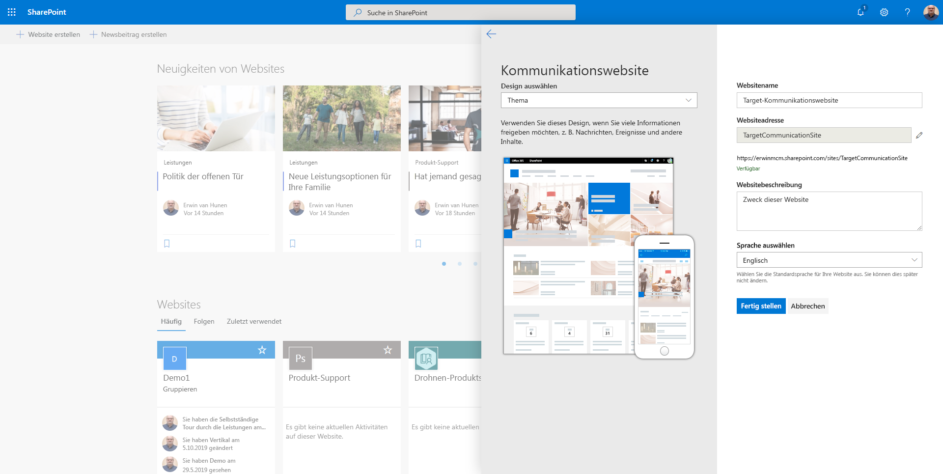 Die SharePoint Online-Seite zum Erstellen einer neuen Websitesammlung