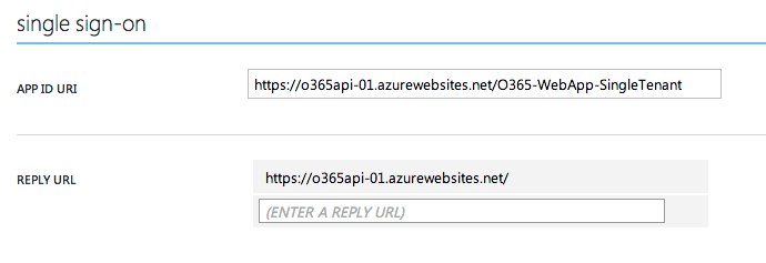 App-ID-URI ist https://o365api-01.azurewebsites.net/O365-WebApp-SingleTenant, Antwort-URL lautet https://o365api-01.azurewebsites.net/