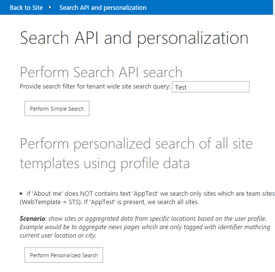 Die Such-API und die Personalisierungsseite. Text im Bild: Führen Sie die Such-API-Suche aus. Suchfilter für mandantenweite Suchabfrage bereitstellen: Textfeld enthält das Wort Test. Schaltflächentext: Einfache Suche ausführen. Führen Sie eine personalisierte Suche aller Websitevorlagen mithilfe von Profildaten durch. Wenn 