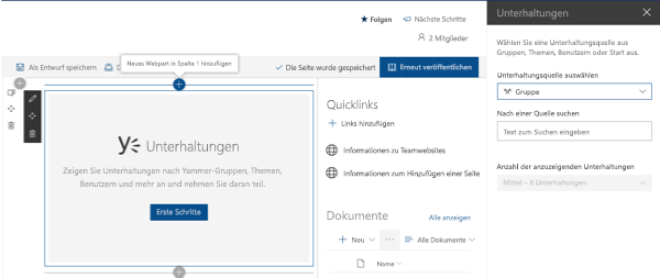 Konfiguration des Webparts für Yammer-Unterhaltungen