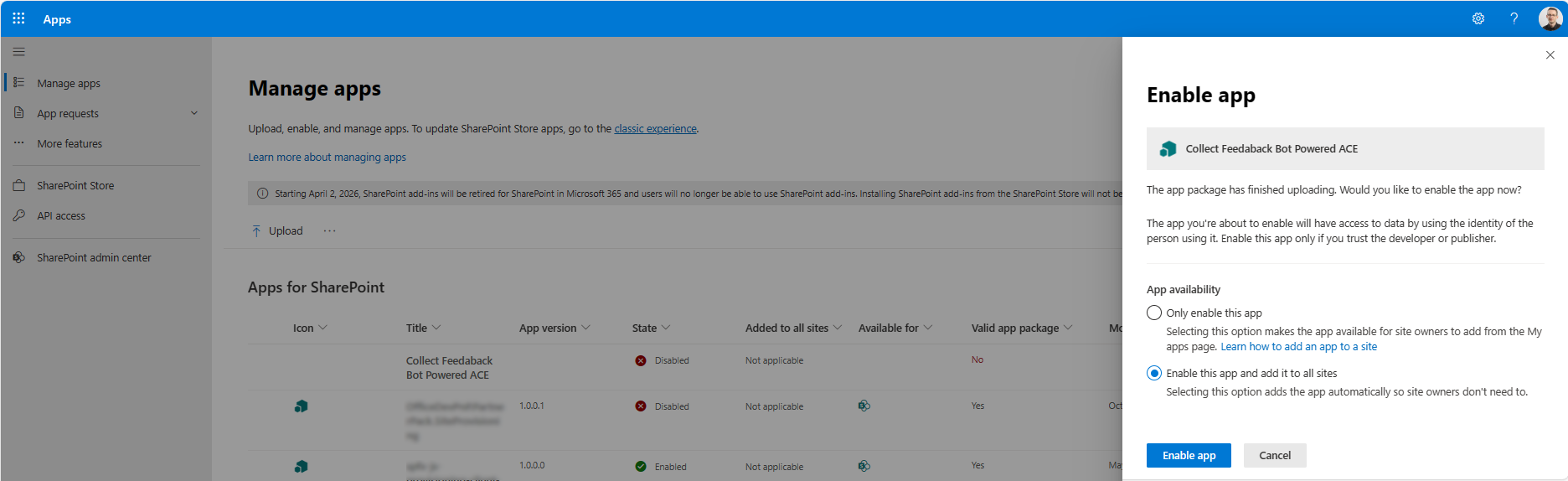 The UI of the new SharePoint AppCatalog prompting to enable the solution and make it tenant-wide available.