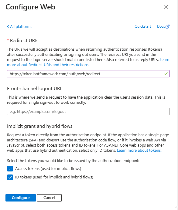 The panel to configure a Web platform for the Microsoft App. You can configure the "Redirect URIs" for the web app and enable the "Implicit grant and hybrid flows" with support for "Access tokens" and "ID tokens".