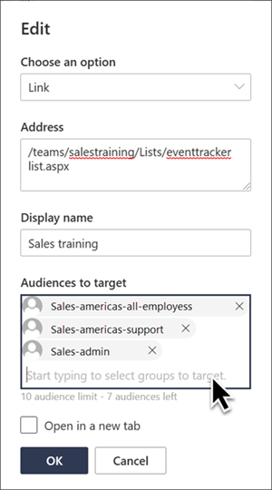 Screenshot der Zielgruppenadressierungsfunktion in der SharePoint-Websitenavigation.