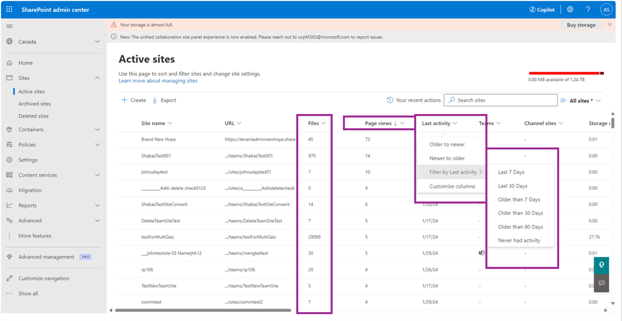 Screenshot der Verwendung anderer Spalten zum Filtern und Sortieren zum Sortieren aktiver Websites