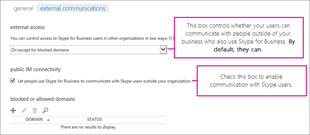 Wählen Sie Personen die Verwendung Skype for Business für die Kommunikation mit Skype erlauben aus.