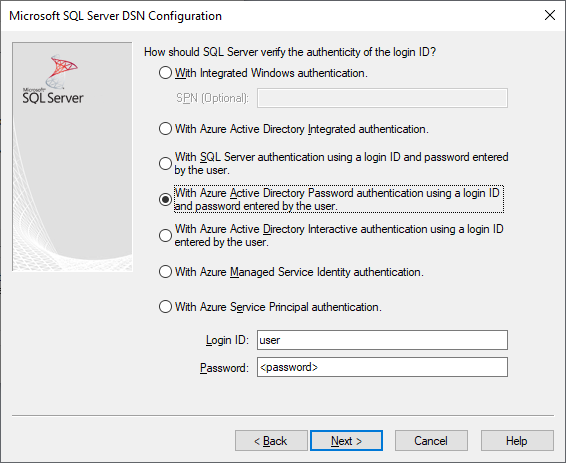 Der Bildschirm zum Erstellen und Bearbeiten von DSNs mit ausgewählter Microsoft Entra-Kennwortauthentifizierung.