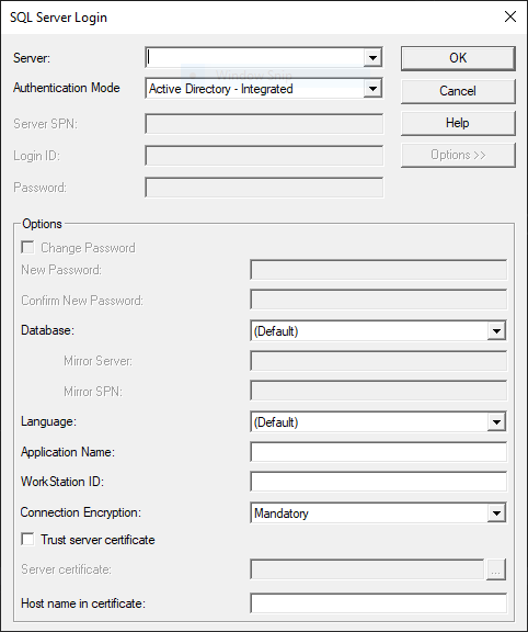 Screenshot des Dialogfelds „SQL Server-Anmeldung“