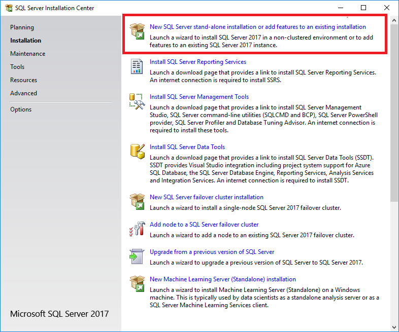 Screenshot, der die Option zum Erstellen einer eigenständigen SQL Server-Installation oder zum Hinzufügen von Features zu einer vorhandenen Installation zeigt.