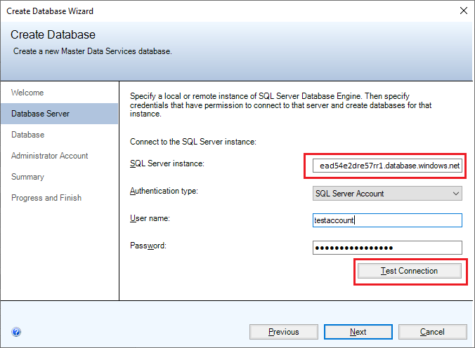 Screenshot der Seite „Datenbank-Server“ im Assistenten zum Erstellen der Datenbank.