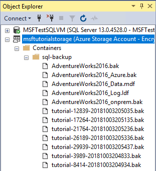 Screenshot von Objekt-Explorer in SSMS mit mehreren Momentaufnahmen im Azure-Container.