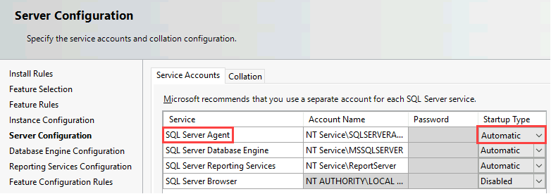 Screenshot der Seite Serverkonfiguration. In einer Tabelle sind der SQL Server-Agent-Dienst und der Startup-Typ Automatisch hervorgehoben.