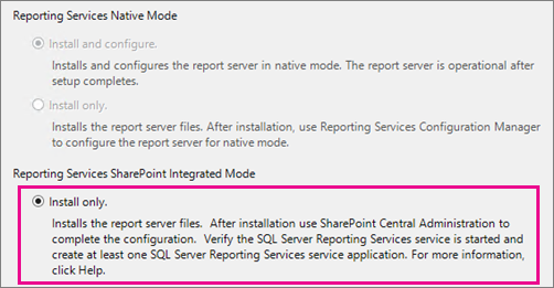 Screenshot des Abschnitts „Integrierter SharePoint-Modus von Reporting Services“, in dem die Option „Nur installieren“ aktiviert und hervorgehoben ist