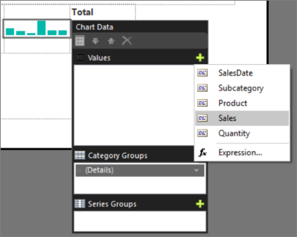 Screenshot, der die Vorgehensweise zum Hinzufügen von Werten zur Sparkline in Report Builder zeigt.