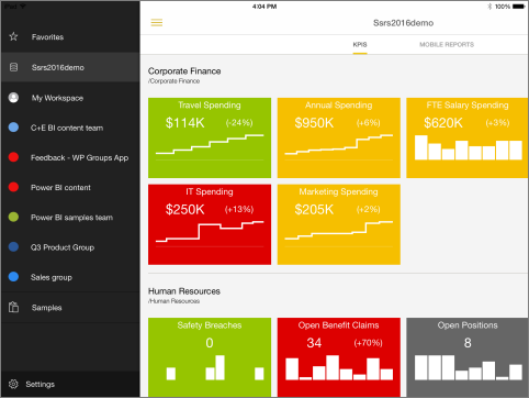 Screenshot: Schnittstelle für die Power BI Mobile-App für iOS