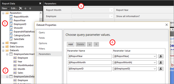 Screenshot des Report Builders mit Hervorhebung des Berichtsdatenbereichs, des Parameterbereichs und des Dialogfelds Datensatzeigenschaften.