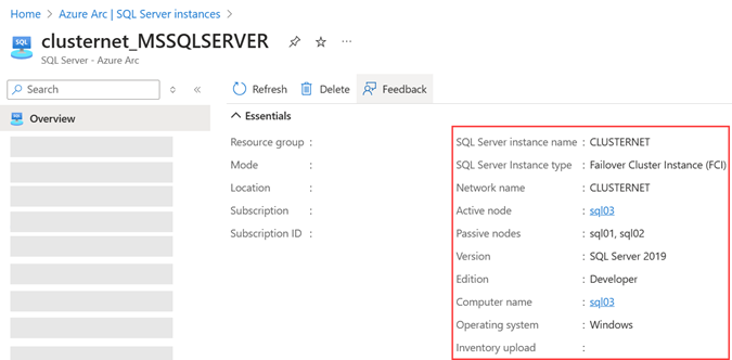 Screenshot des Azure-Portals für die Failoverclusterinstanz mit Azure Arc-Unterstützung.