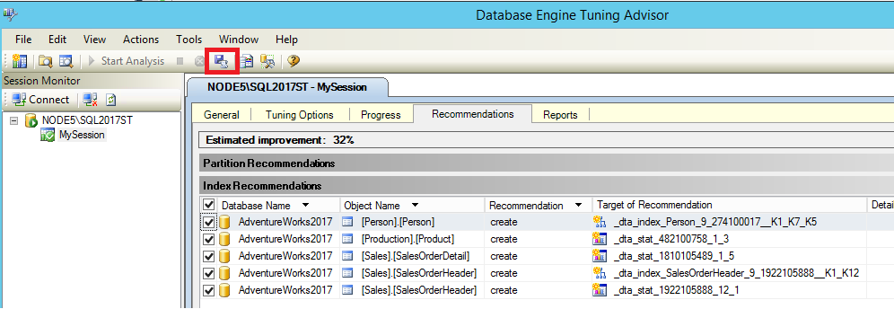 Speichern der Empfehlungen des Datenbankoptimierungsratgebers