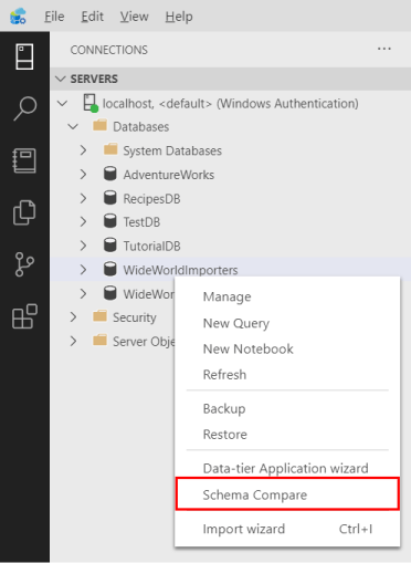 Screenshot des Menüelements „Schemavergleich“ im Azure Data Studio-Objekt-Explorer.