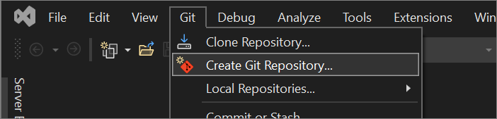 Screenshot: Option „Git-Repository erstellen“ im Git-Menü in Visual Studio.