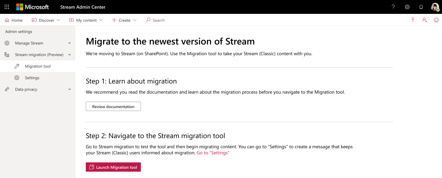 Migrationstool Stream Admin Center