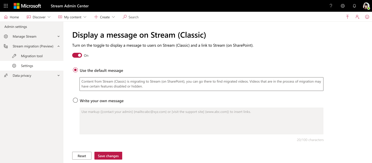 Stream Admin Center des Migrationstools Einstellungen