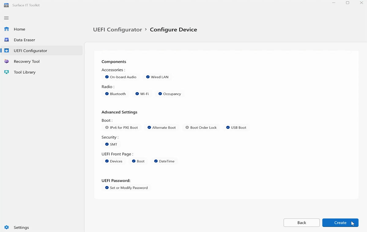 Screenshot: Bildschirm zum Erstellen des UEFI-DFI-Pakets