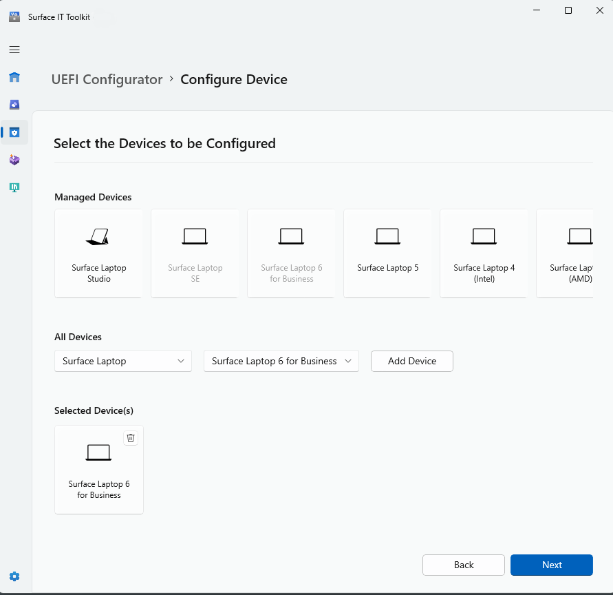 Screenshot der Geräteauswahl für die UEFI-Konfiguration.