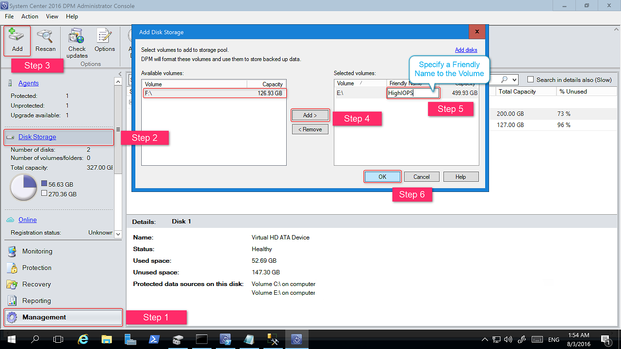 Screenshot vom Hinzufügen eines Volumes