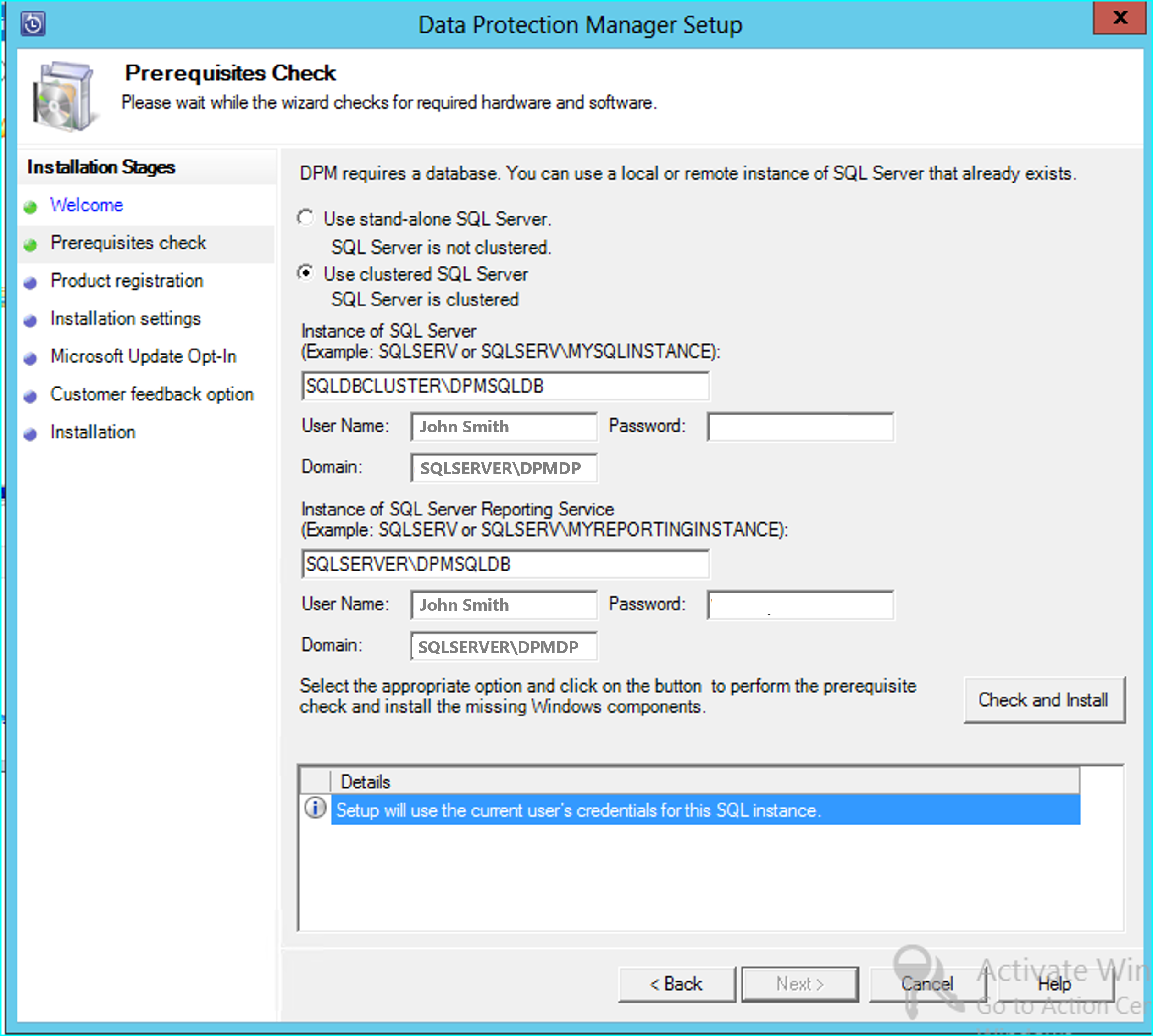 Screenshot der Seite „Installieren der Datenbank“