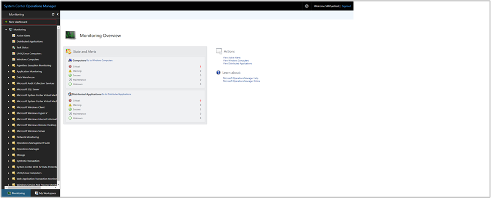 Screenshot, der die Option „Neues Dashboard“ in der Webkonsole anzeigt.