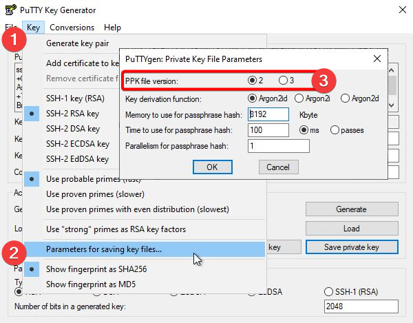 Screenshot des PuTTY Key Generator, der zeigt, wo die PPK-Dateiversion für den privaten Schlüssel ausgewählt werden soll.