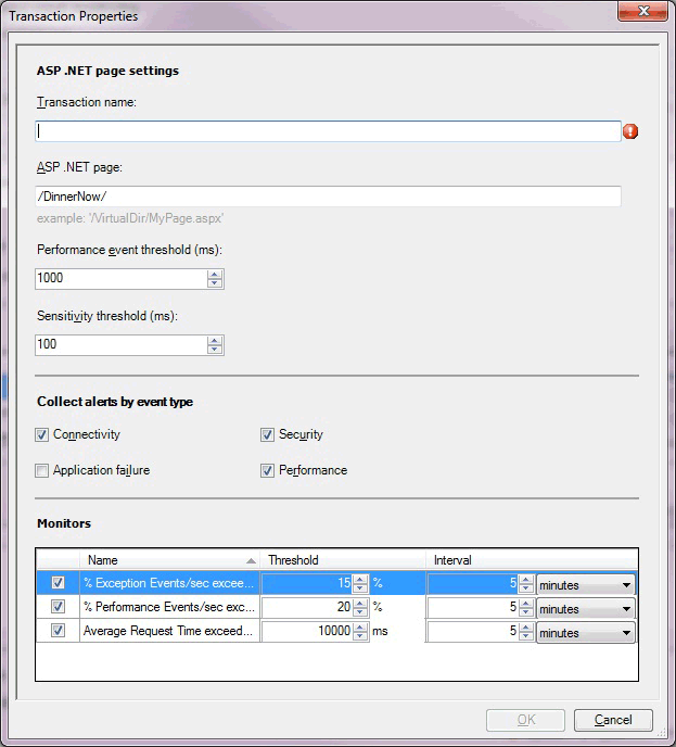 Screenshot der serverseitigen Transaktionseigenschaften ASP.NET-Webseite.