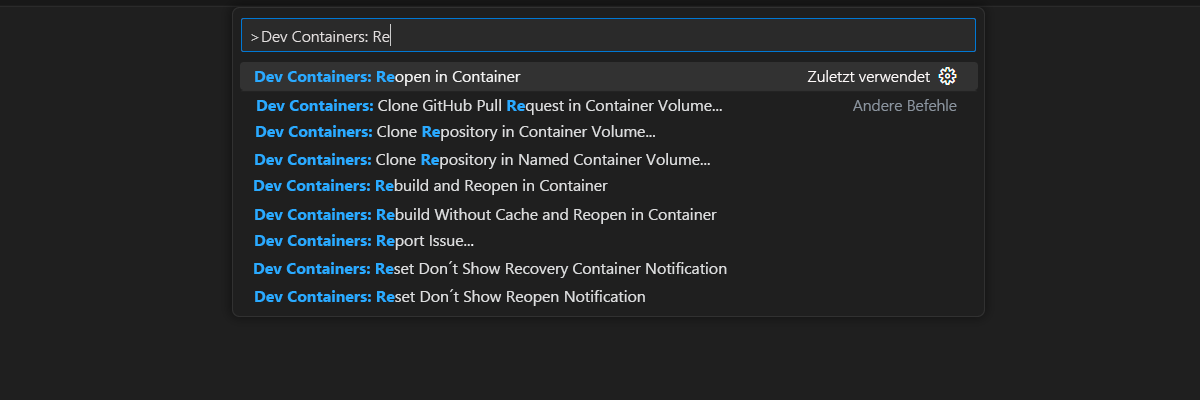 Screenshot of the Command Palette option to reopen the current folder within the context of a development container.