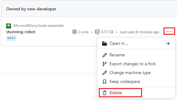 Screenshot: Kontextmenü für einen Codespace mit hervorgehobener Löschoption.