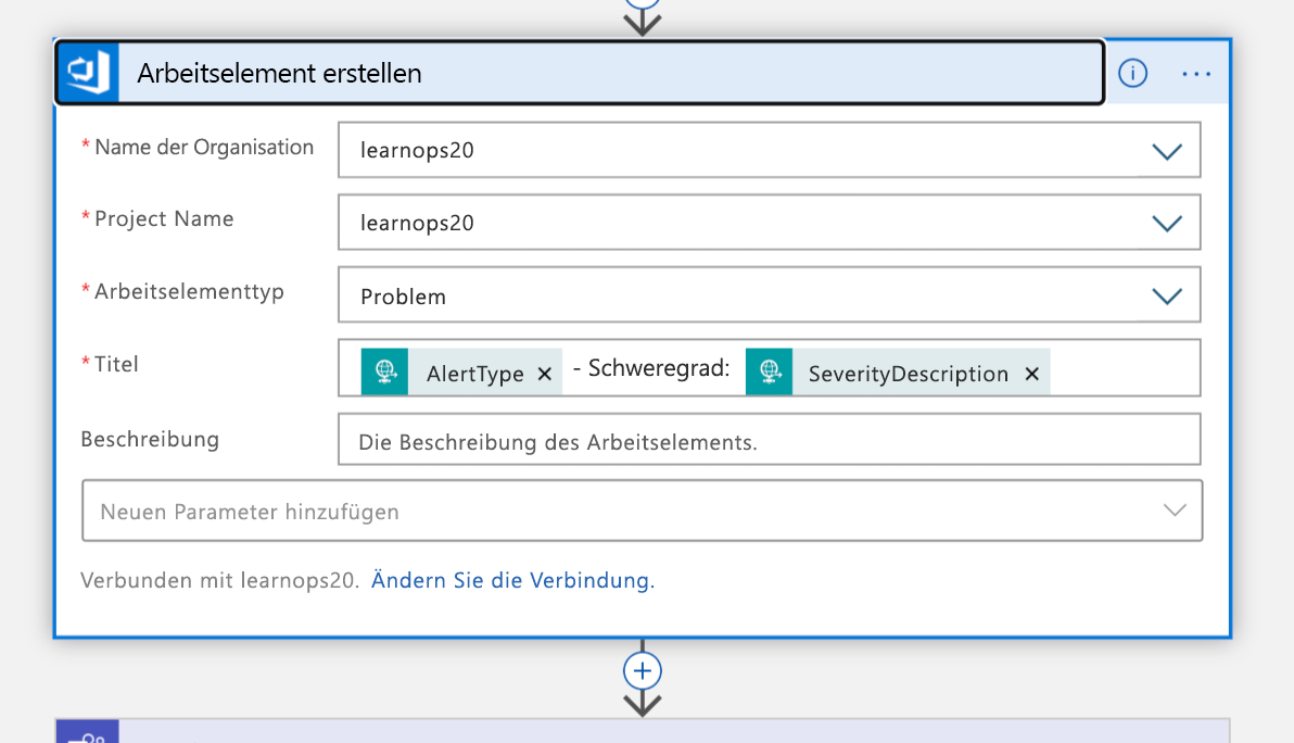 Screenshot of the Create a work item block in Logic App Designer view of the Logic App.