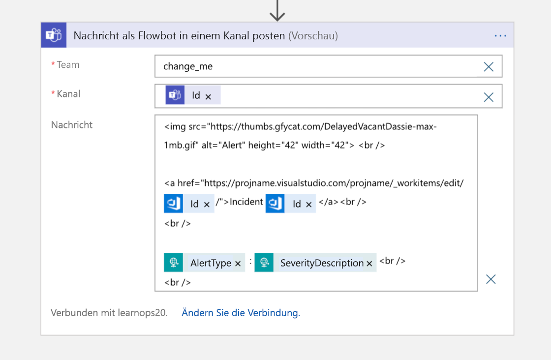 Screenshot of the Post a message as the Flow bot channel block in Logic App Designer view of the Logic App.