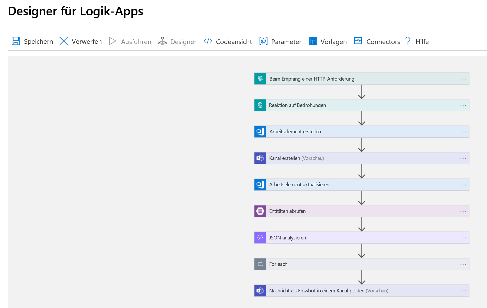 Screenshot of a zoomed out view of a logic app as displayed in the Logic Apps Designer.