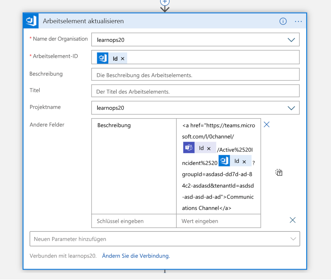 Screenshot of the Update work item block in Logic App Designer view of the Logic App.