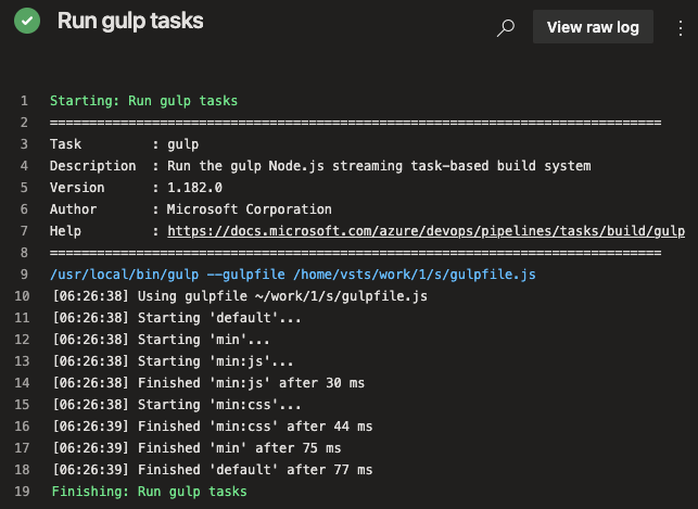 Screenshot der Ablaufverfolgung der Gulp-Tasks in Azure Pipelines.