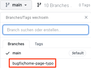 Screenshot von GitHub, der den zuletzt gepushten Branch zeigt