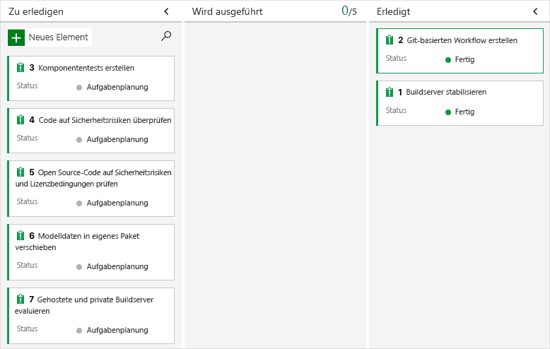 Screenshot von Azure Boards mit dem Arbeitselement in der Spalte „Done“ (Erledigt).