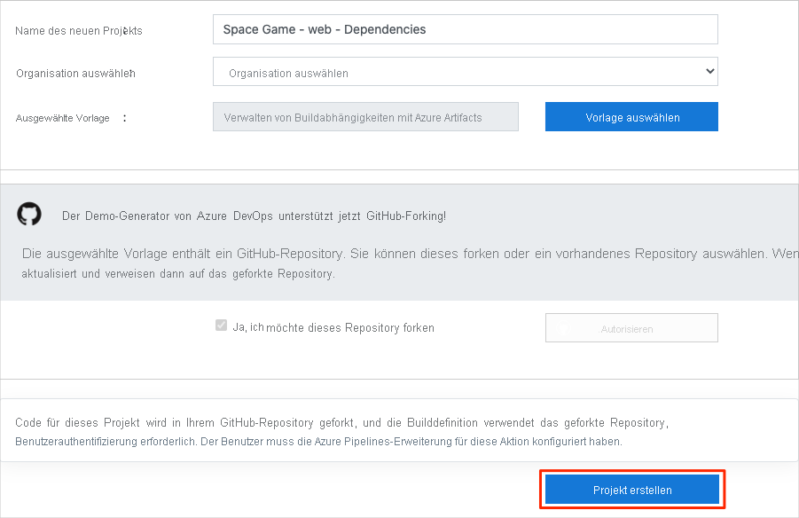 Screenshot: Azure DevOps-Demo-Generator, der anzeigt, wie ein neues Projekt erstellt wird