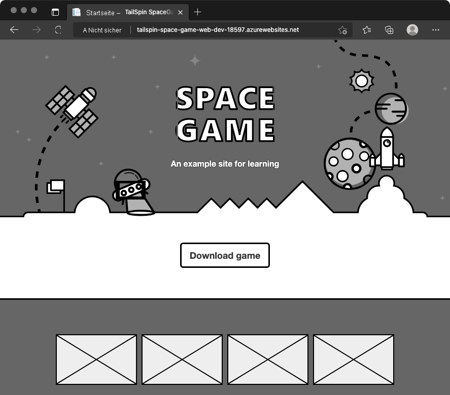 Screenshot of a web browser that shows the Space Game website in the Dev environment.