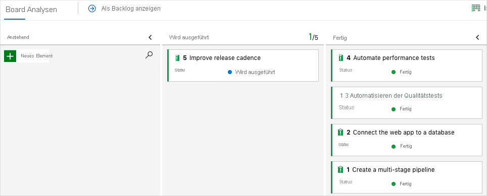 Screenshot of Azure Boards that shows the card in the Doing column.