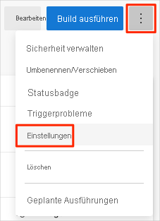 A screenshot of Azure Pipelines showing the location of the Settings menu.