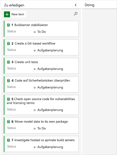 Screenshot von Azure Boards mit einem Backlog der Probleme