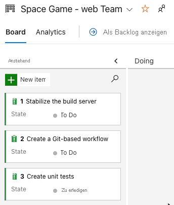 Screenshot: Azure Boards mit den ersten drei Aufgaben, jede Aufgabe befindet sich in der „To-Do“-Spalte