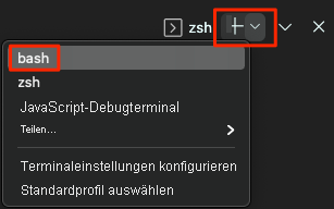 Screenshot von Visual Studio Code mit der Position der Bash-Shell.