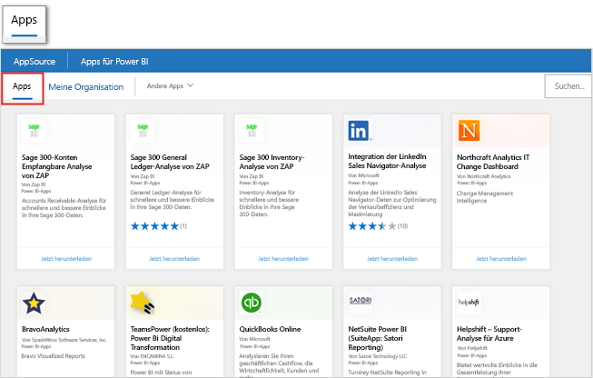 Screenshot: Microsoft AppSource-Produkte auf der produktinternen Seite „Apps abrufen“ in Power BI